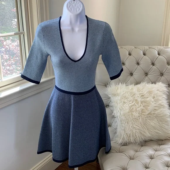 Club Monaco | Dresses | Club Monaco Vneck Fit Flare Sweater Dress In A Navy Light  Blue Xs | Poshmark